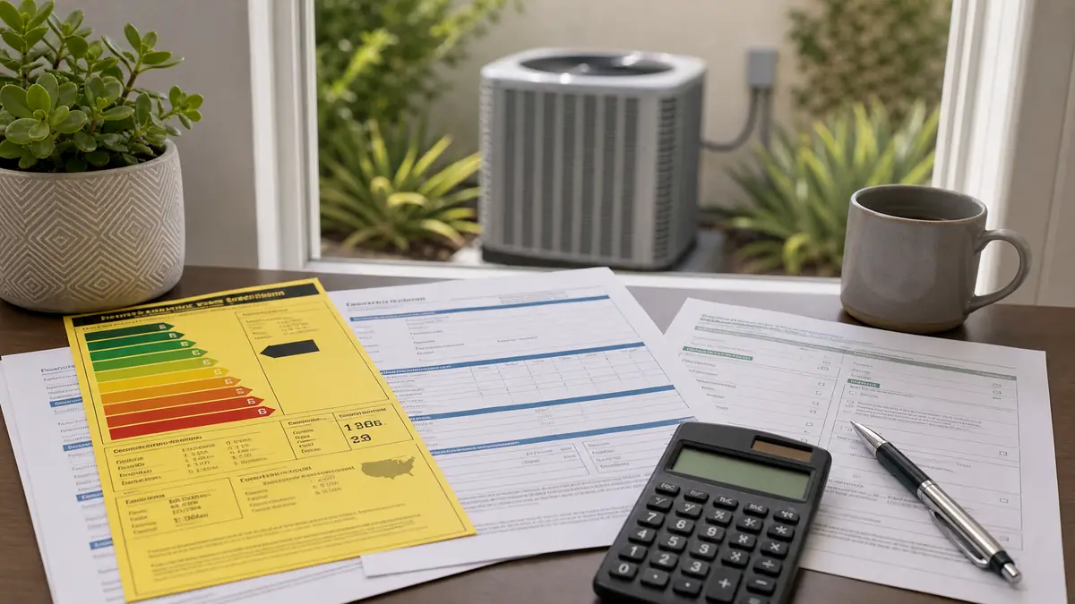 SEER2 rating label and California rebate paperwork for an Alhambra install