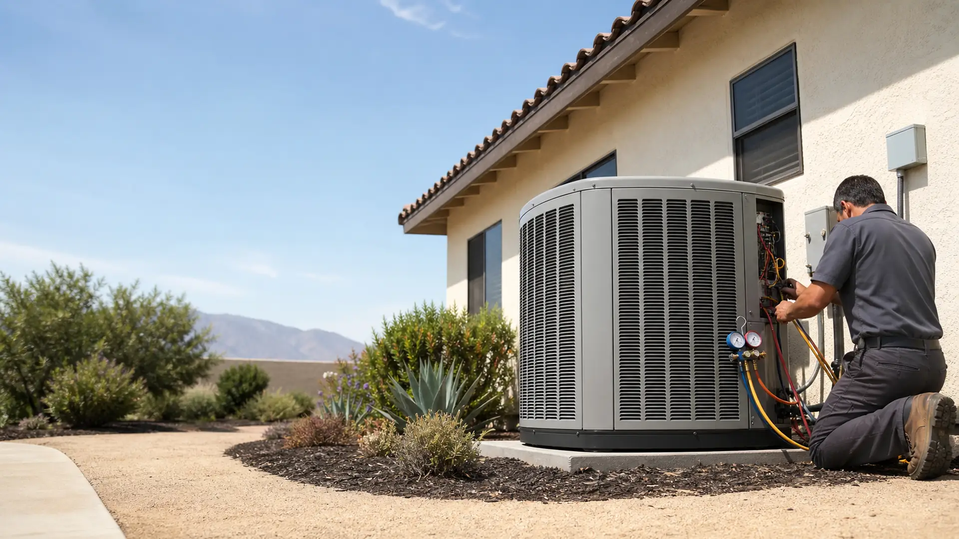 Trane outdoor condenser beside a 1920s Spanish Colonial revival home in Alhambra, CA