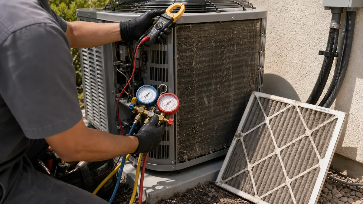 Technician checking refrigerant charge to lower energy use in an Alhambra home