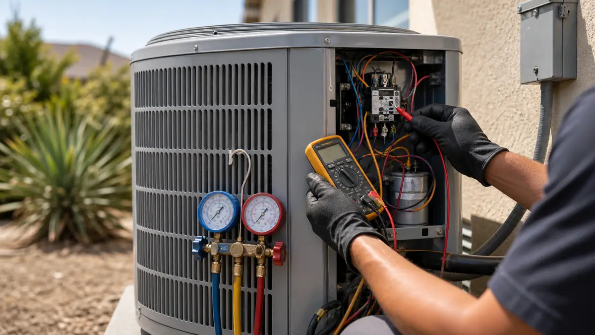 Technician testing a Trane dual-run capacitor on an Alhambra condenser