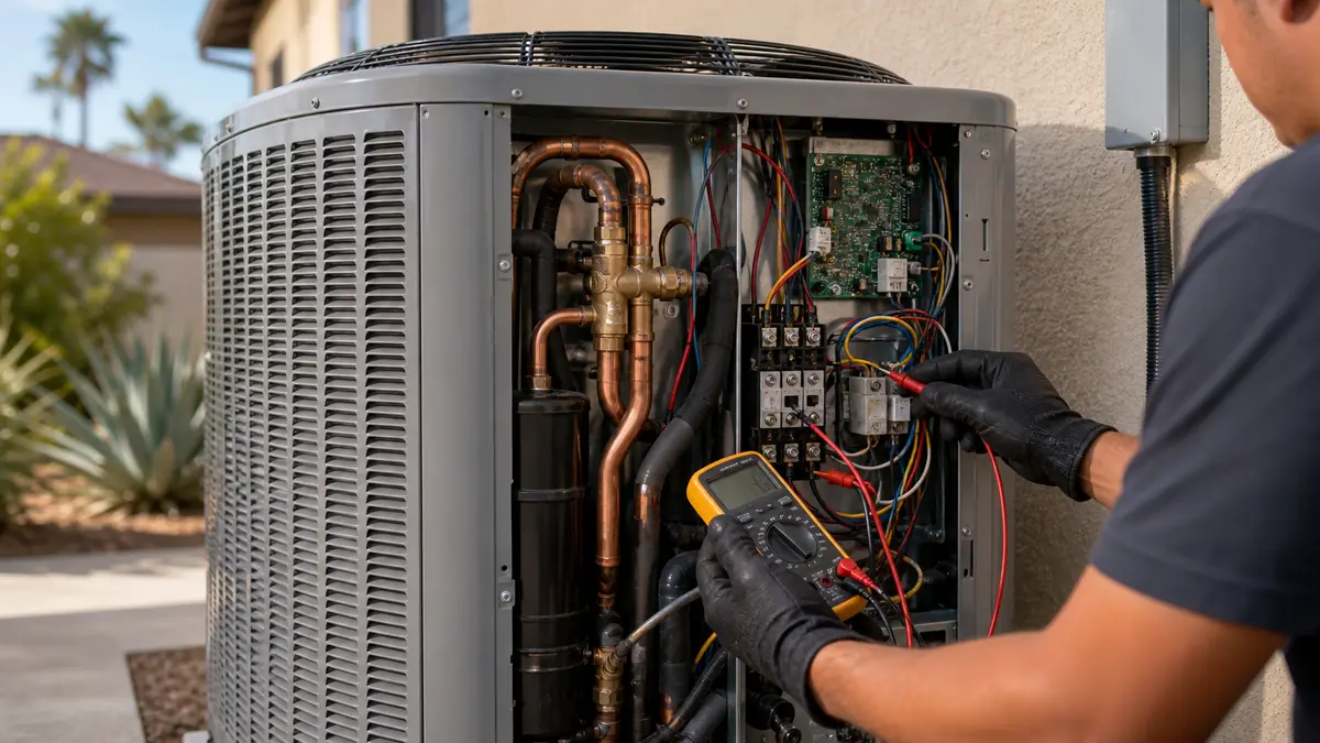 Technician checking a Trane heat pump reversing valve at an Alhambra home